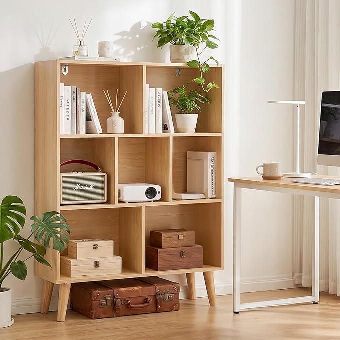 DUMOS Bookshelf, 7 Cube Storage Organizer with Legs, 3 Tier Modern Wooden Bookcase, Open Standing Display Shelf for Living Room, Bedroom, Office, Wood