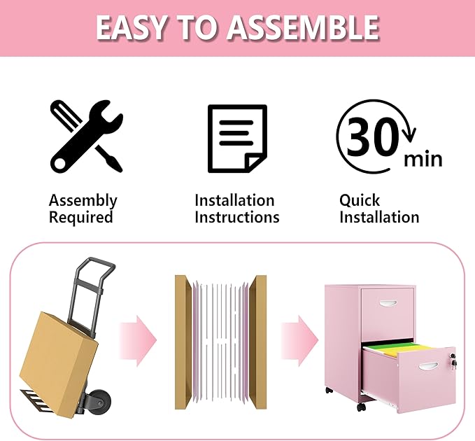 Polup 2 Drawer Rolling File Cabinet on Wheels, Mobile Two Drawer Filing Cabinet with Lock, Small Files Cabinets for Under Desk, Metal Filing Cabinets for Letter Size Folders, Pink - Assembly Required