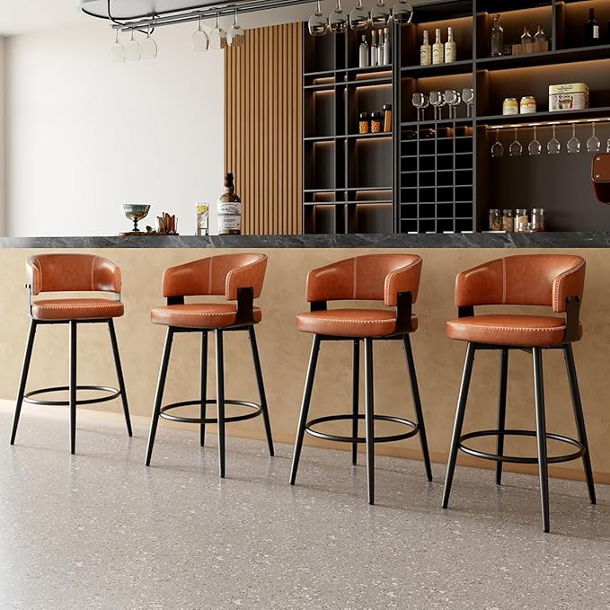 Bar Stools Set of 4, 30" Swivel Bar Height Bar Stools with Curved Back, Mid-Century Modern Faux Leather Bar Chairs with Stitching for Kitchen Island, Dining, Living Room, Vintage Brown