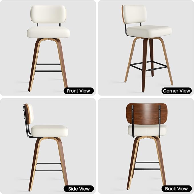 Swivel Bar Stools Set of 1, 26" Upholstered Faux Leather Counter Height Barstools with Walnut Back & Bentwood Legs, Mid Century Modern Bar Chairs Island Stools for Kitchen Counter, Cream White