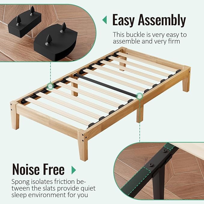 Twin XL Size Solid Wood Platform Bed - Noise-Free Design with Metal and Wood Slat Support, No Box Spring Needed, Easy Assembly, Natural Wood Finish