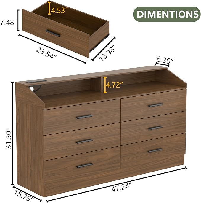 Gyfimoie 6 Drawer Dresser with Power Outlet, Chest of Drawers with LED Light, Modern Dresser with Open Storage Cubby, Double Wide Dressers Organizer for Bedroom, Living Room, Entryway,Hallway