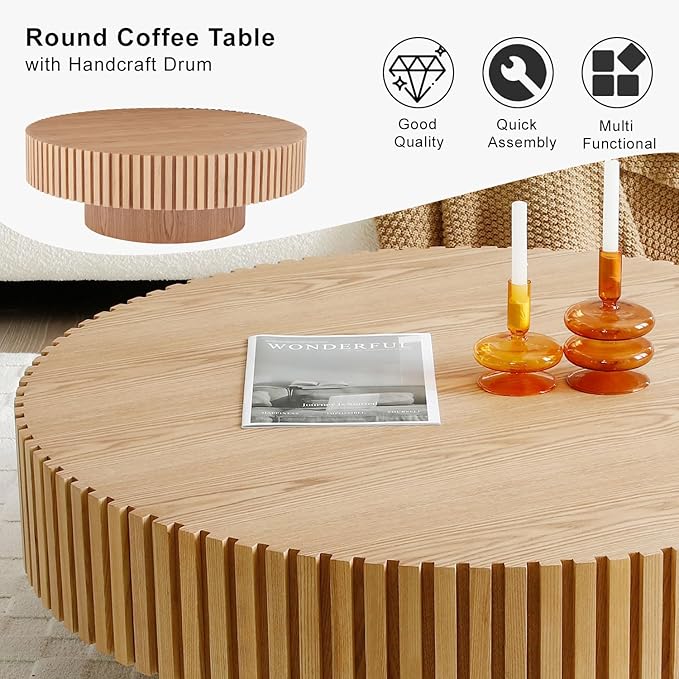 39" Round Coffee Table for Living Room, Mid Century Modern Coffee Table with Sturdy Pedestal, Circle Center Table Accent Tea Table for Apartment ASH