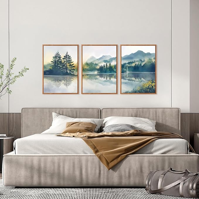 HPNIUB Green Mountain Framed Canvas Wall Art Set, (12X16 Inch) Nature Foggy Forest Lake Reflection Wall Decor,Modern Pine Tree Artwork,Watercolor Landscape Art Print for Living Room,Bedroom,Office