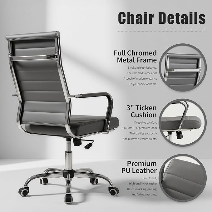 Okeysen Grey Office Desk Chair, Ergonomic Leather Modern Conference Room Chairs, Executive Ribbed Adjustable Swivel Rolling Chair for Home Office.