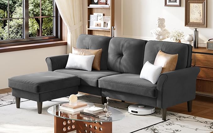 Welzona Sofas for Living Room, 83" Velvet Sectional Couch with Moveable Ottoman, Midcentury Modern Small Sectional Couch, L Shape Sofa & 2 Seater, Couches for Living Room, Apartment, Bedroom