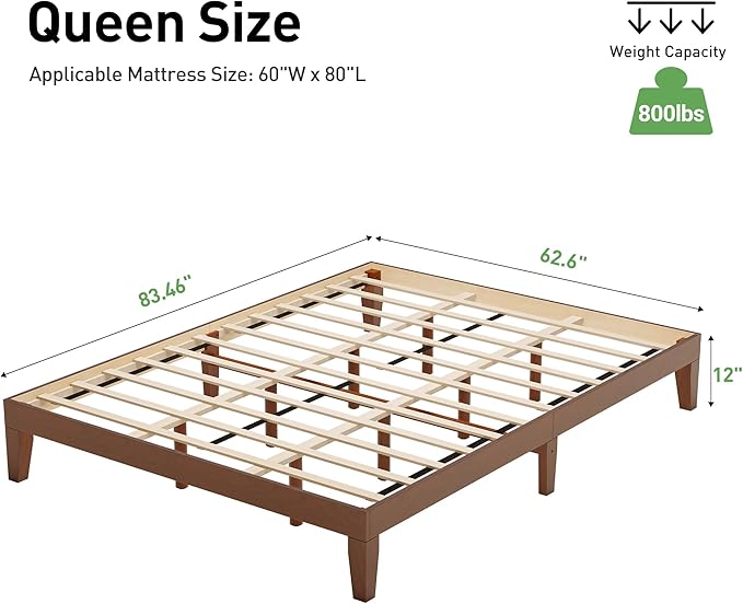 COLAMY 12 Inch Wood Platform Bed Frame，Sturdy Queen Size Bed Frame with Wood Slat Support, No Box Spring Needed, Easy Assembly, Espresso