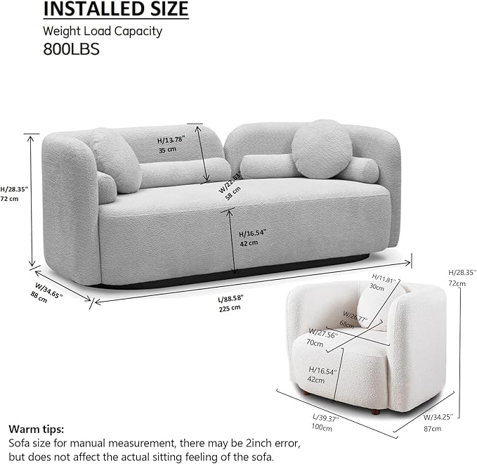 Curved Sofa Set for Living Room, 3-Seater Upholstered Boucle Fabric Modern Sofa Set of 2 Piece Couch Set Rectangular Sofa with Oversized Single Sofa Chair Modern Sofa Set Home Bedroom Office White
