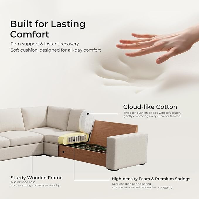 ELUCHANG 113" V-Shaped Modular Sectional Sofa Couch, Modern 4-Seat Comfy Linen Deep Seat Sofa with Corner, Removable Cover, Easy Assembly, Large Sofas & Couches for Living Room, Office, Beige | Spring Cushions, Easy to Clean, Deep Seat