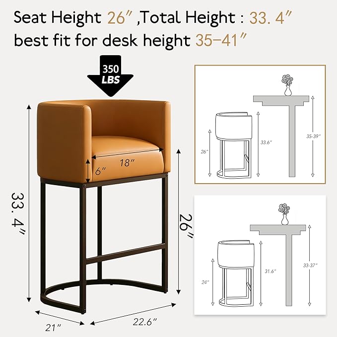 26" Modern Counter Height Bar Stools,PU Leather Upholstered Barrel Barstools with Backs,Island Chairs bar stools Set of 1,Metal Black Frames,Camel Brown Leather