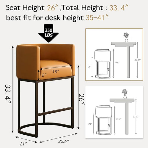 26" Modern Counter Height Bar Stools,PU Leather Upholstered Barrel Barstools with Backs,Island Chairs bar stools Set of 1,Metal Black Frames,Camel Brown Leather