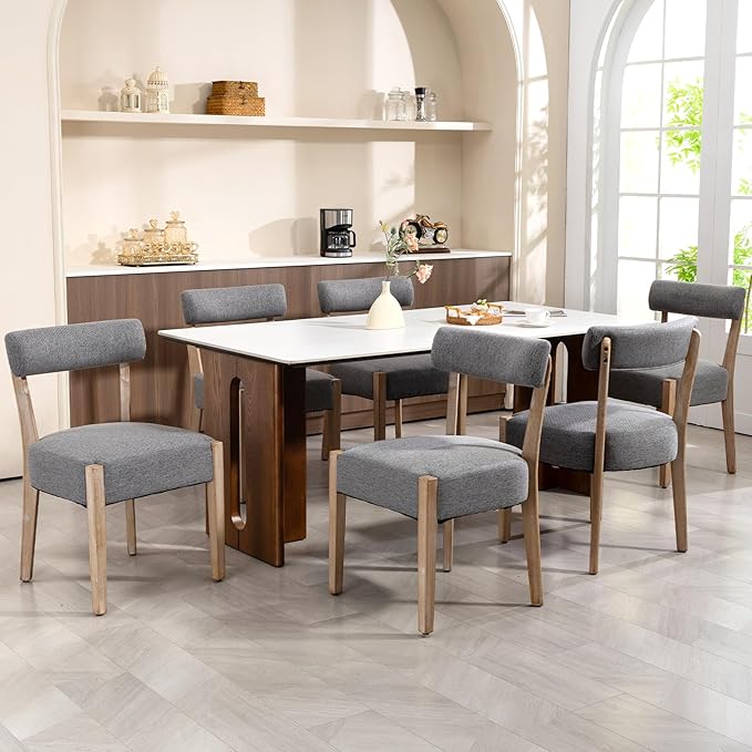 ZJhome Dining Chairs Set of 6,Mid Century Modern Dining Chair Set - Linen Upholstered Low Back Kitchen & Dining Room Chairs with Woven Design,Grey Fabric