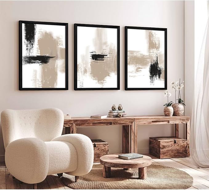 Joocrise Beige Abstract Wall Art Painting Set of 3 Neutral Canvas Wall Art Prints Black Beige Modern Wall Decor Minimalist Art Pictures Abstract Modern Artwork for Room Bedroom 12x16 Inch Wood Framed