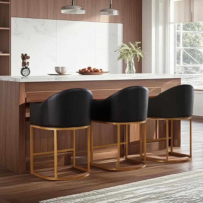 Counter Height Bar Stools Set of 3,Modern Counter Height Bar Stools,PU Leather Upholstered Barrel Barstools with Backs,26'' Kitchen Island Chairs,Metal Gold Frames,Ink Black Leather