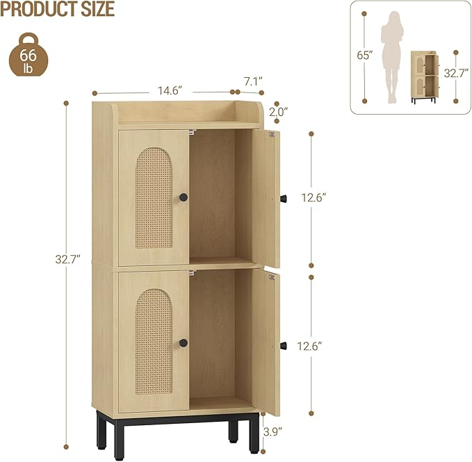 Hzuaneri Bathroom Cabinet, Small Storage Cabinet with 4 Doors, Bathroom Organizers and Storage Cabinets with Adjustable Feet, Cabinets Freestanding for Living Room, Kitchen, 7.1"D x 14.6"W x 32.7"H