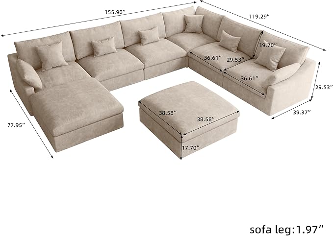 Modular Sectional Sofa Cloud Couch, Oversized 8 Seater Sofa with Ottomans, Extra Large U Shaped Deep Seat Sectional Couches for Living Room, Khaki Sofa Covers Washable&Removable