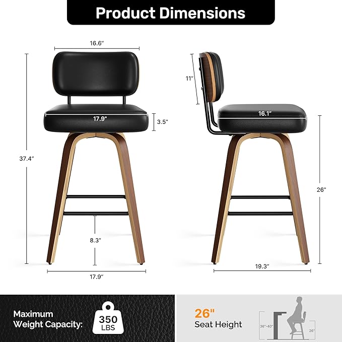 Swivel Bar Stools Set of 3, 26" Upholstered Faux Leather Counter Height Barstools with Walnut Back & Bentwood Legs, Mid Century Modern Bar Chairs Island Stools for Kitchen Counter, Black