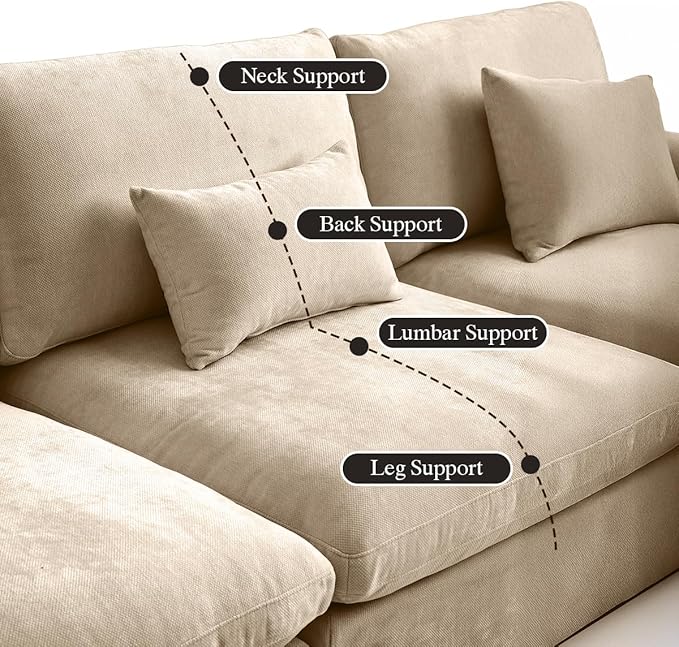 Modular Sectional Sofa Cloud Couch, 82.68" Loveseat Sofa with Chaise Ottoman, Linen Blend Fabric Minimalist Deep Seat Sectional Couches for Apartment Small Space, Khaki Sofa Covers Washable&Removable