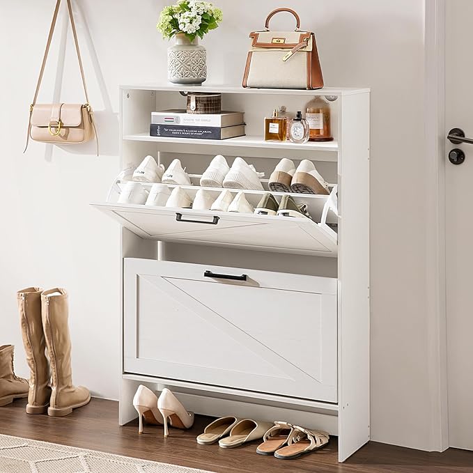 RWYHG Shoe Cabinet Storage for Entryway with 2 Flip Drawers Open Storage Layer Rack Narrow Organizer Slim Hidden Wood Shoe Cabinet Furniture White