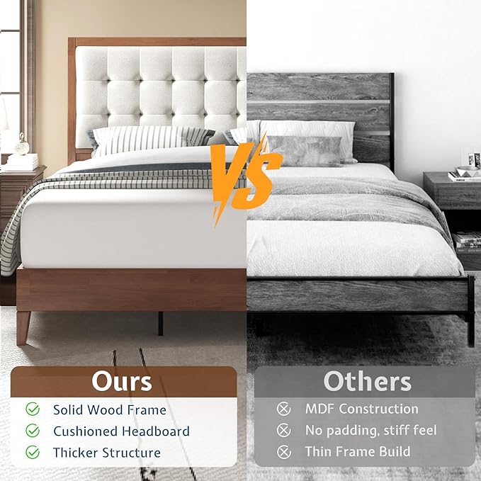 Jocisland Solid Wood King Size Bed Frame 50.2" Tall Upholstered Headboard, Mid-Century Style, Stable Platform Support, No Box Spring Needed, Walnut