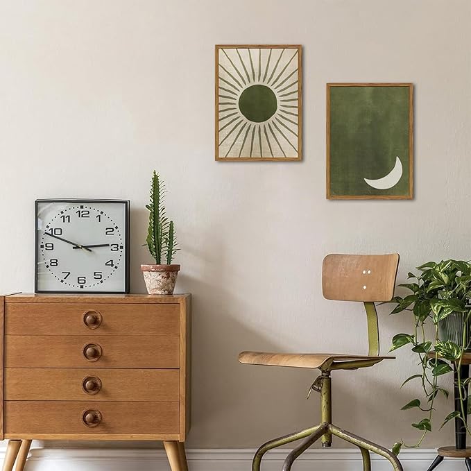 Framed Boho Sun and Moon Canvas Wall Art Set of 2, Vintage Sage Green Bohemian Pictures Wall Decor, Mid Century Modern Abstract Minimalist Paintings Prints for Living Room Bedroom Office 16x24 inch