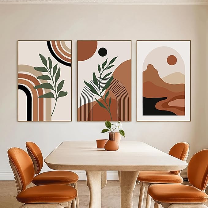 SAFERRYHOME Boho Abstract Wall Art, Mid Century Bohemian Wall Decor Framed Canvas Set of 3, Modern Minimalist Artwork Botanical Painting Prints Pictures for Living Room Bedroom Bathroom, 16x24 inch