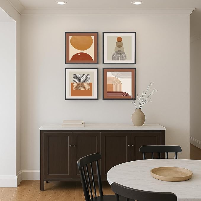 4 Piece Framed Abstract Boho Wall Art Set, Modern Mid Century Canvas Picture Wall Decor, Minimalist Geometric Orange and Brown Paintings Prints for Living Room Bedroom Hallway, 12x12 Inch