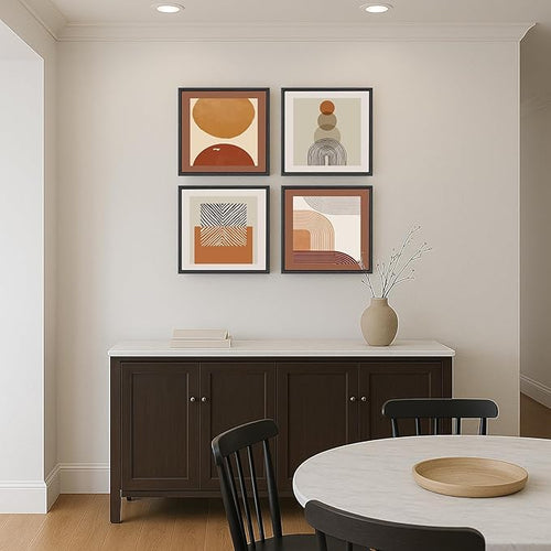 4 Piece Framed Abstract Boho Wall Art Set, Modern Mid Century Canvas Picture Wall Decor, Minimalist Geometric Orange and Brown Paintings Prints for Living Room Bedroom Hallway, 12x12 Inch