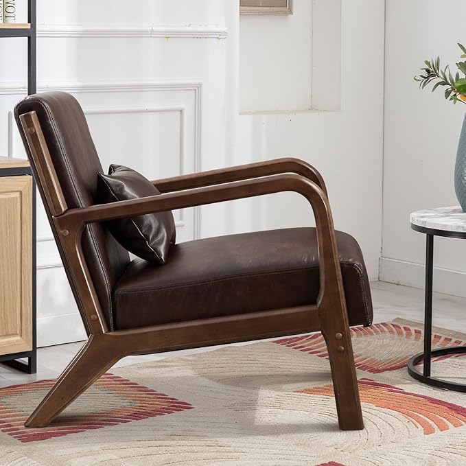INZOY Mid Century Modern Accent Chair with Wood Frame, Upholstered Reading Armchair with PU Leather, Accent Chair for Living Room Bedroom Apartment, Easy Assembly, Chocolate Brown