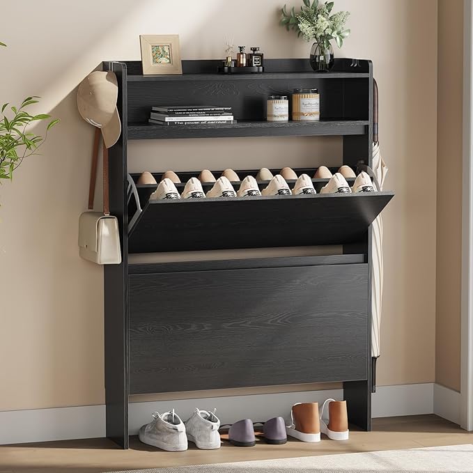Shoe Cabinet Organizer with 2 Flip Drawers，Freestanding Shoe Rack Cabinet, Shoe Cabinet Storage for entryway, Foyer, Hallway, Black, 31.5" W
