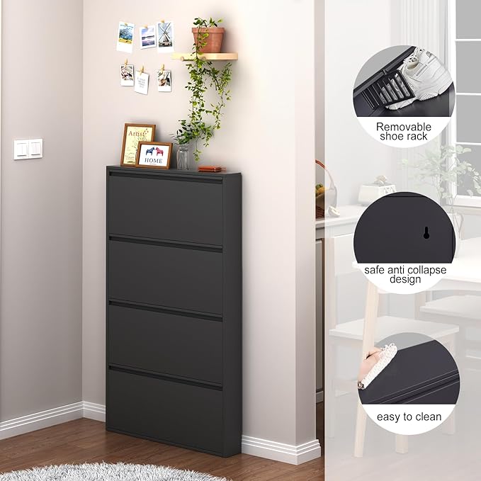 LUCYPAL Shoe Cabinet with 4 Flip Drawers,Slim Shoe Storage Cabinets for Entryway,Black Narrow Wall Shoe Cabinet for Hallway,Living Room, Bedroom