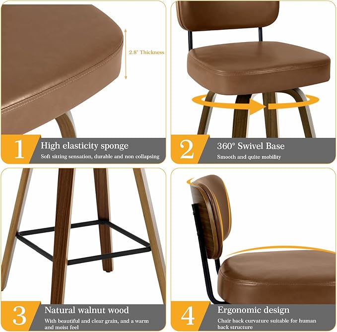Bekrvio Swivel Counter Height Bar Stools Set of 4, 26" Upholstered Faux Leather Barstools with Back and Bent Wood Legs, Mid Century Modern Bar Chair Island Stool for Kitchen Counter, Brown