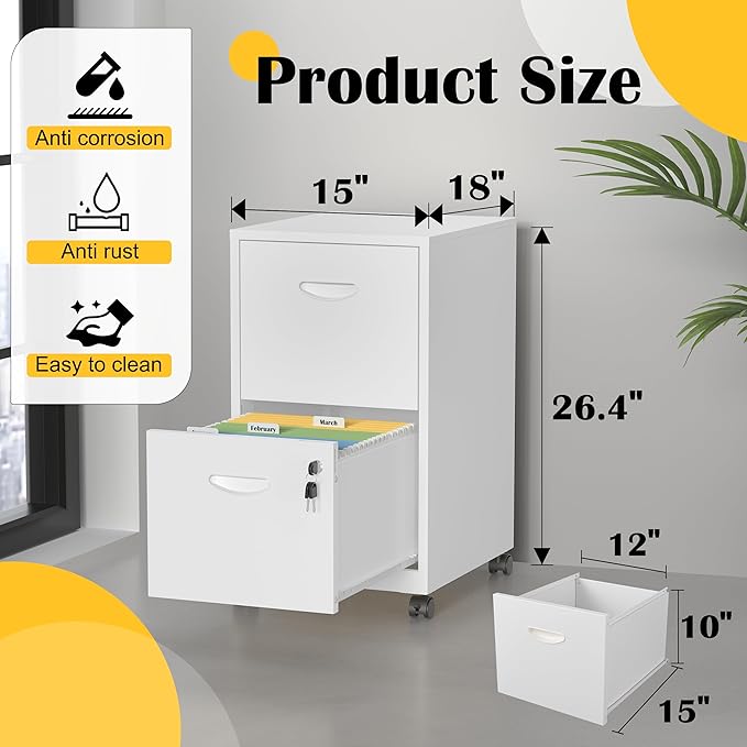 SteeLoong 2 Drawer File Cabinet with Lock，White Rolling File Cabinet for Home Office, Metal Small Mobile Filing Cabinets on Wheels for Hanging Letter