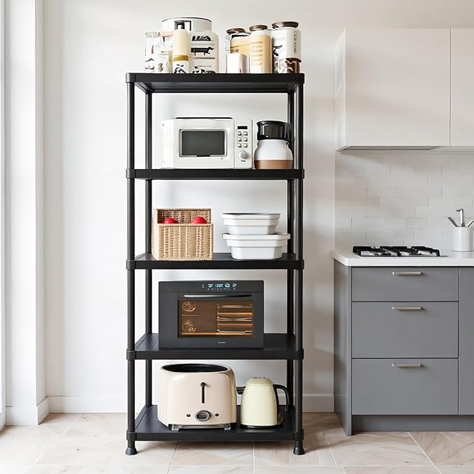 Plastic Storage Shelves, 70.2" H x 12" D x 24" W Plastic Shelves for Storage, 5-Tier Shelving Unit, Storage Rack, 330 lbs, Bathroom, Laundry, Garage & Home