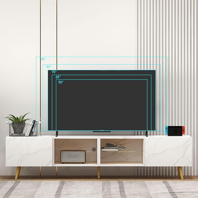 Bonzy Home 86" LED TV Stand, Modern Entertainment Center up to 75" TV, Television Console Table with Storage Cabinets for Living Room, White Marble