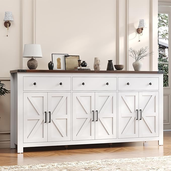 VVFLU 71" Large Sideboard Buffet Cabinet with Storage, Modern Farmhouse Coffee Bar with 3 Drawers and 6 Barn Doors, Dining Room Storage Cabinet, for Kitchen, Living Room, White Wood