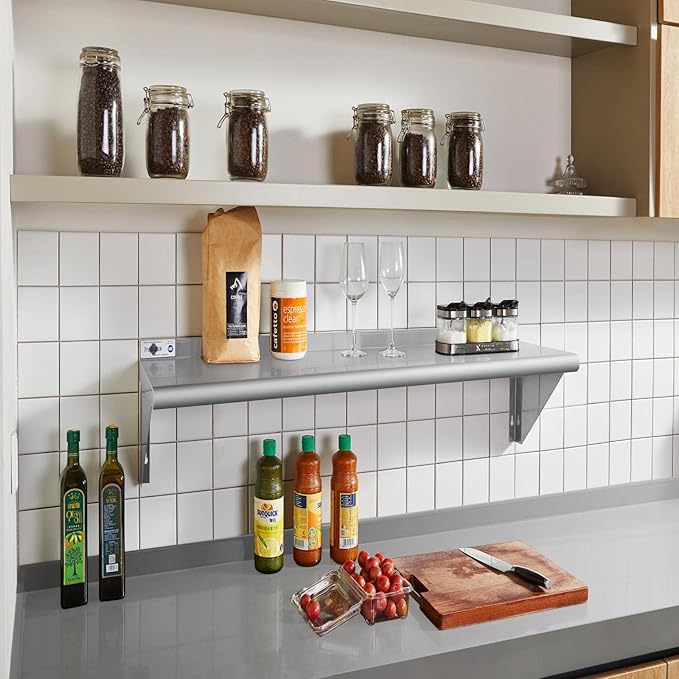 Profeeshaw NSF Stainless Steel Shelf 14” x 36”, 300 lb Commercial Shelves Wall Mounted Metal Shelving with Backsplash and 2 Brackets for Restaurant, Bar, Utility Room, Kitchen and Garage