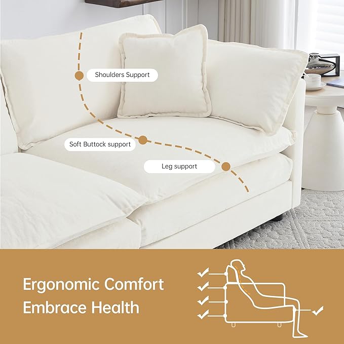 Modular Sectional Sofa, 111.5 Inch I-Shaped Cloud Sofa with Deep Seat Chenille Sofa with Cushions, Three-Self Sectional Sofa for Living Room Apartment,White