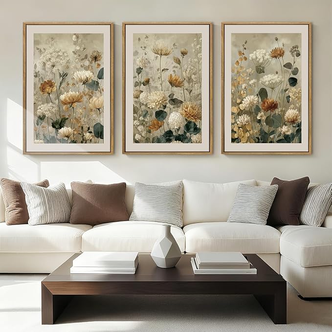 Anyzal Large Neutral Wildflower Framed Wall Art 16x24 Inch Vintage Classic Floral Canvas Wall Decor Mid-century Modern Botanical Art Prints for Living Room Bedroom Dining room