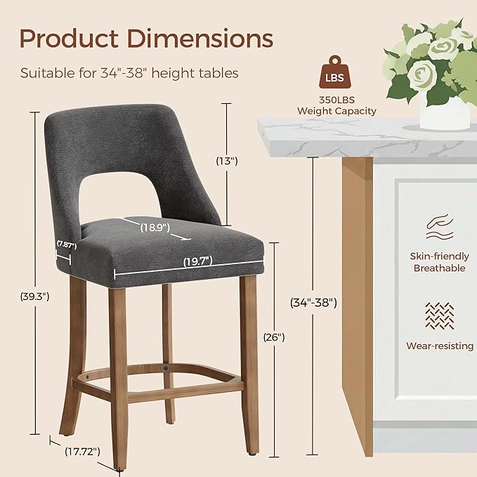 UVV Bar Stools Set of 6, Upholstered Counter Height Bar Stools, Modern Counter Stools with Wood Legs for Kitchen Island Dining Room Bar, Dark Grey