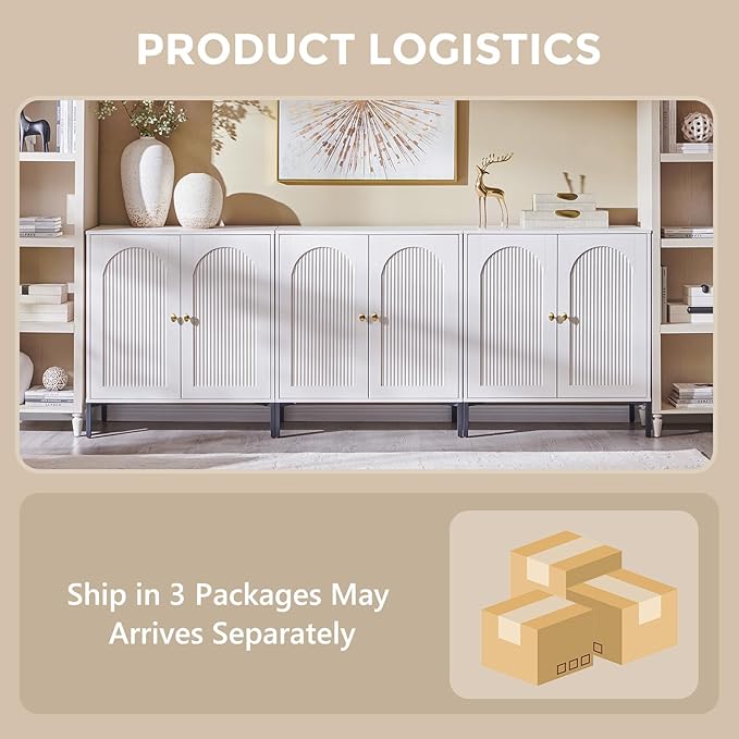 IFGET Modern Buffet Cabinet with Storage, 92.63" W Fluted Arched Sideboard Cabinet w/Adjustable Shelves, Wooden Modular Coffee Bar for Dining Room, Kitchen, Living Room, Entryway, White