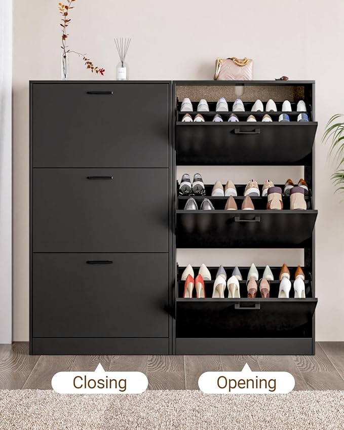 Shoe Cabinet with 3 Flip Drawers, Narrow Freestanding Shoe Organizer, Hidden Slim Shoe Storage Cabinet for Entryway, Hallway, Living Room, Black