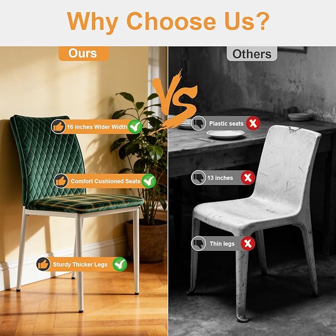 Dining Chairs Set of 2, Velvet Comfortable Seats, Mid-Century Modern Living Room Chairs, Upholstered Kitchen Chairs with Mental Legs and Padded Seat, Easy Assembly, Dark Green