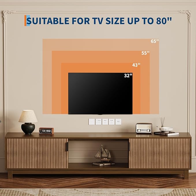 GAOMON 70in Fluted TV Stand, Long Wooden TV Console Mid Century Modern Entertainment Center with Storage Cabinet for TVs Up to 80 Inches Living Room, Walnut