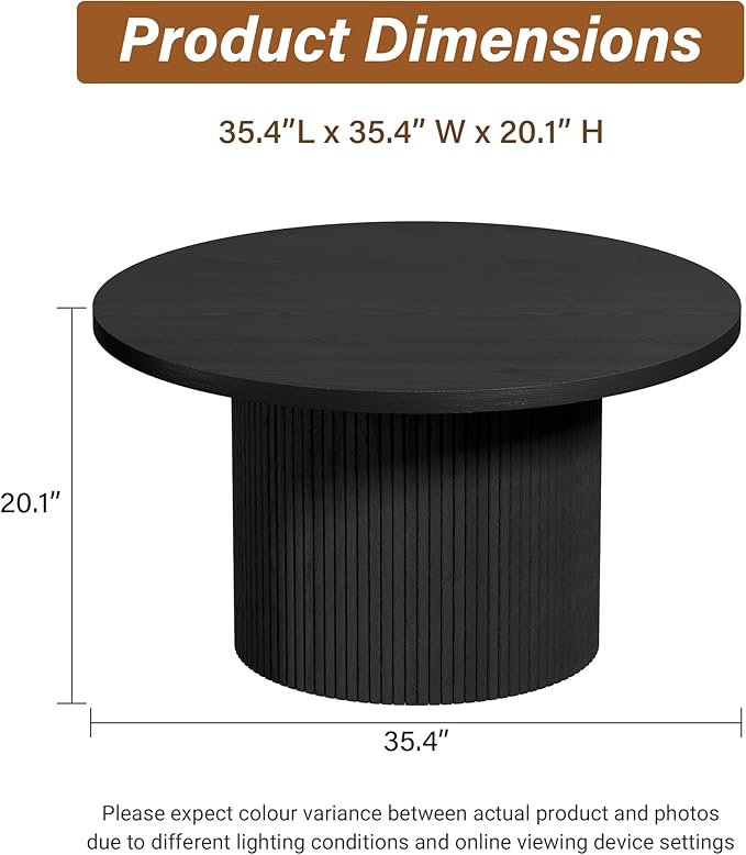 Furniway Round Coffee Table, 35.4" Circle Wide Coffee Table, Wood Table and Center Table for Living Room, Black