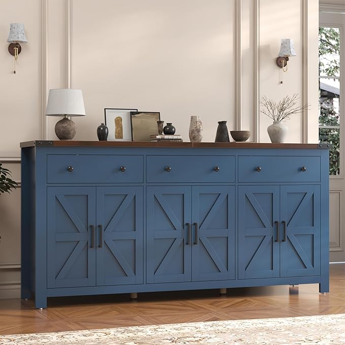 VVFLU 71" Large Sideboard Buffet Cabinet with Storage, Modern Farmhouse Coffee Bar with 3 Drawers and 6 Barn Doors, Dining Room Storage Cabinet, for Kitchen, Living Room, White Wood, Blue Wood