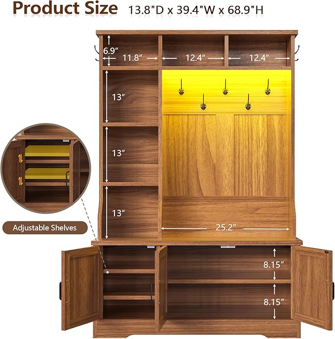 CSZZD Hall Tree with Bench and Shoe Storage, Farmhouse Entryway Bench with Coat Racks and Led Lights, Tall Hall Tree with 7 Coat Hooks, 6 Storage Cubbies, Adjustable Shelf
