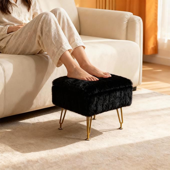 ACEQLYT® Small Foot Stool, Small Ottoman with Storage, Black Furry Footstool with Soft Padded Seat & Gold Metal Leg