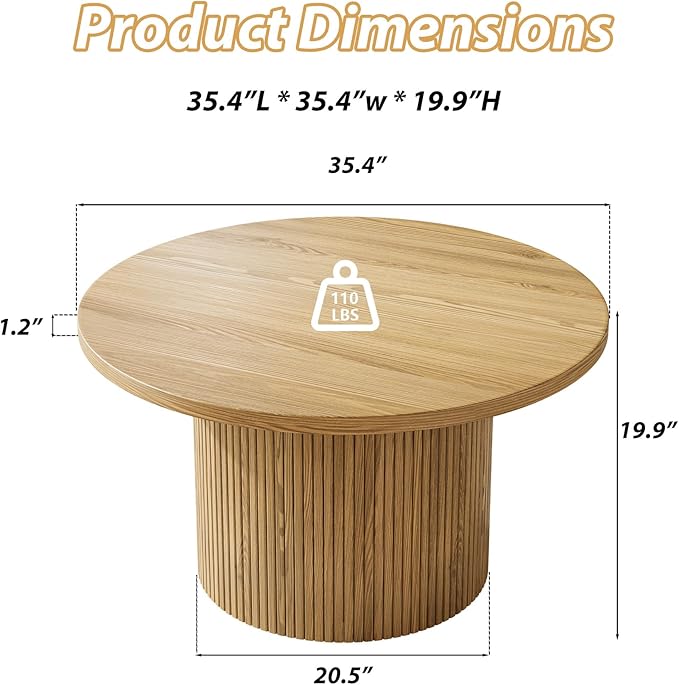 MAISONARIA Round Coffee Table with Metal Frame, 35" Coffee Tables for Living Room, Circle Wood Accent Center Table for Apartment, Oak