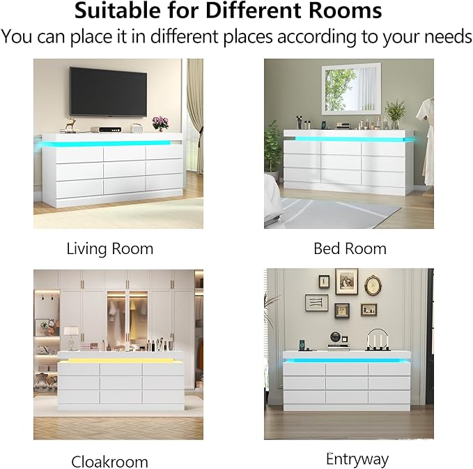 Gyfimoie 9 Drawer Dresser with Power Outlet, Dresser with LED Light, Modern Chest of Drawers for Closet, Double Wide Drawer Organizer Cabinet for Bedroom, Living Room (White, 9 Drawers)